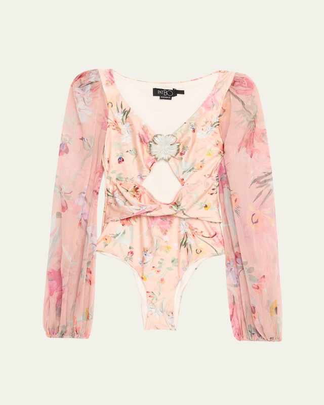 Lily Flower Long-Sleeve One-Piece Swimsuit